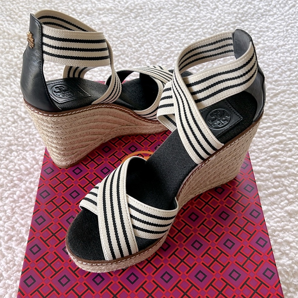 Tory Burch Frieda 100MM Espadrille-Stretch Webbing/Calf Leather - Size 7.5